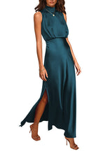 Sleeveless Mockneck Side Split Maxi Satin Dress