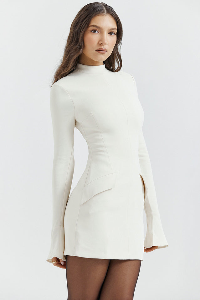 Mock Neck Long Sleeve Princess Seam Hip Flap Panel Mini Dress