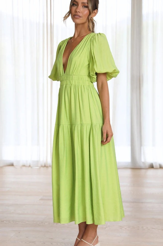 Deep V-Neck Smocked Waist Puff Sleeve Tiered Midi Dress