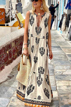 Tassle Deep V Neck Sleeveless Printed Maxi Swing Holiday Dress