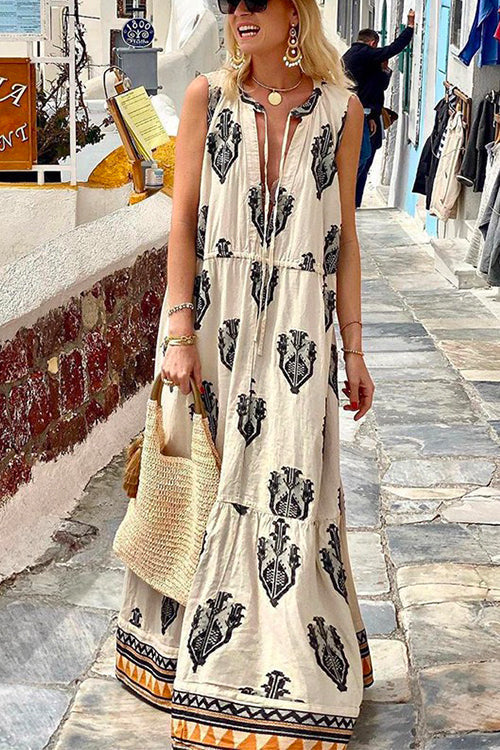 Tassle Deep V Neck Sleeveless Printed Maxi Swing Holiday Dress