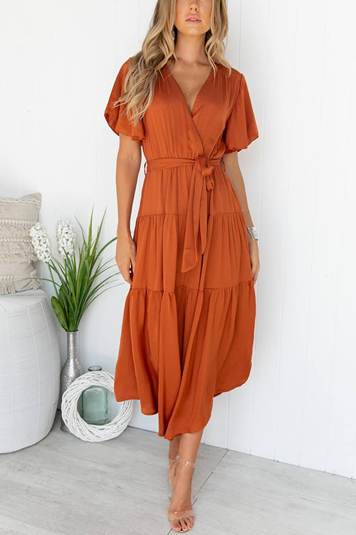 Wrap V Neck Flutter Sleeves Tie Waist Tiered Midi Dress