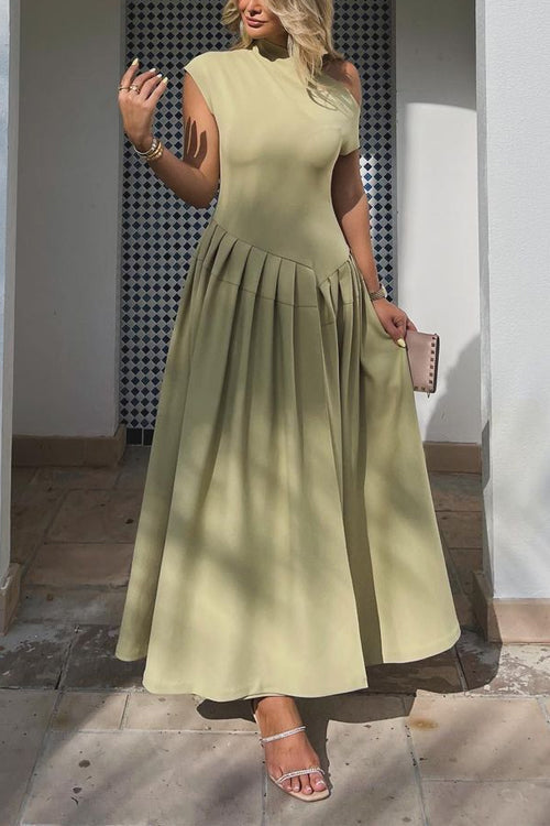 Elegant Asymmetric Shoulder Pleated Swing Maxi Dress