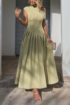Elegant Asymmetric Shoulder Pleated Swing Maxi Dress