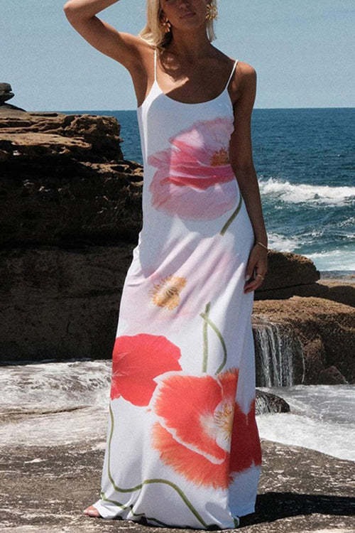 Spaghetti Strap Backless Floral Print Maxi Vacation Dress