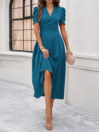 Pleated Waist Short Sleeve Maxi Dresses