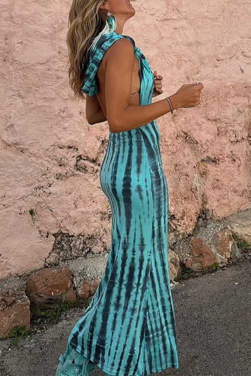 Cowl Neck Backless Tie Dye Hoodied Maxi Dress