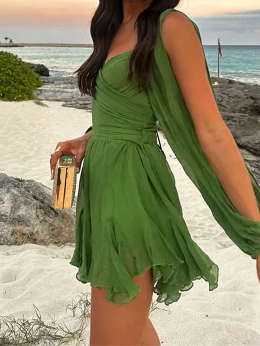 V-neck Solid Color Sexy Pleated Short Dress