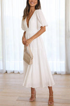 V Neck Lantern Sleeves Waisted Ruffle Maxi Dress