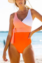 Color Block Bow Knot Waist One-piece Swimwear