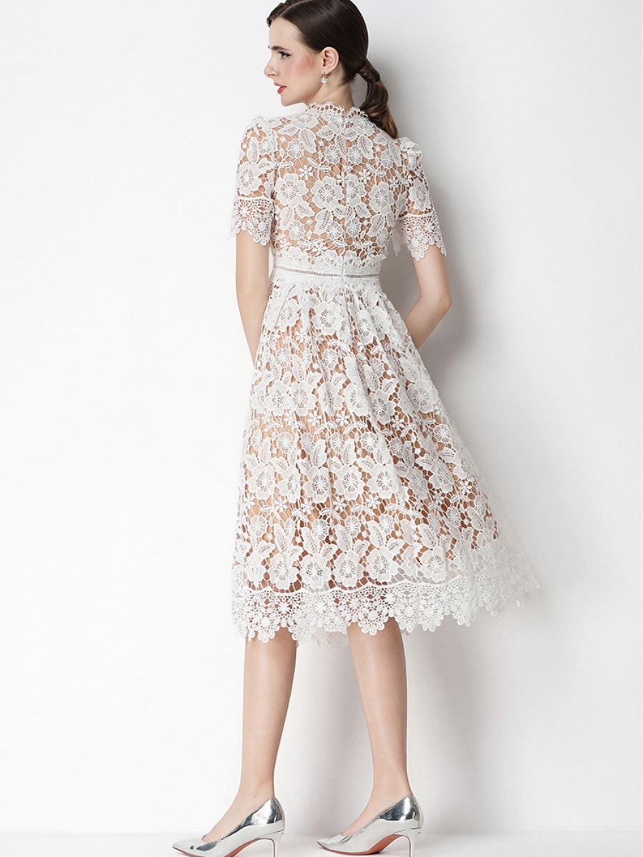 Hollow-out Water-soluble Lace Midi Dress