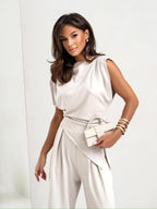 Irregular Short Sleeve Pleated Solid Color 2-piece Sets