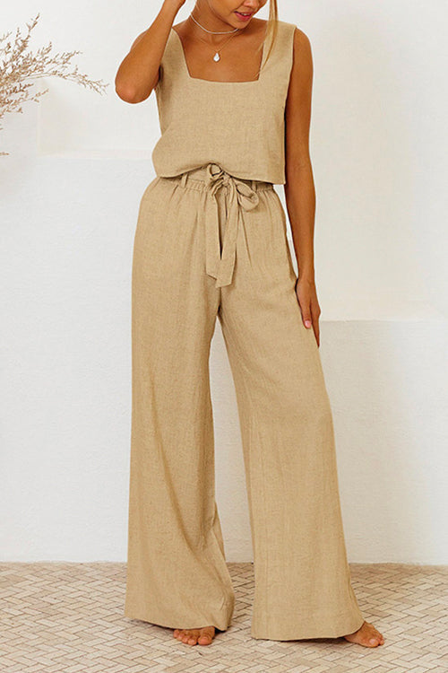 Square Collar Crop Tank Top Tie Waist Wide Leg Pants Cotton Linen Set