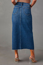 High Rise Raw Hem Slit Front Denim Midi Skirt