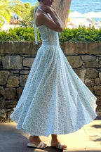 Halter Sleeveless Ruched Waist Floral Print Swing Midi Dress