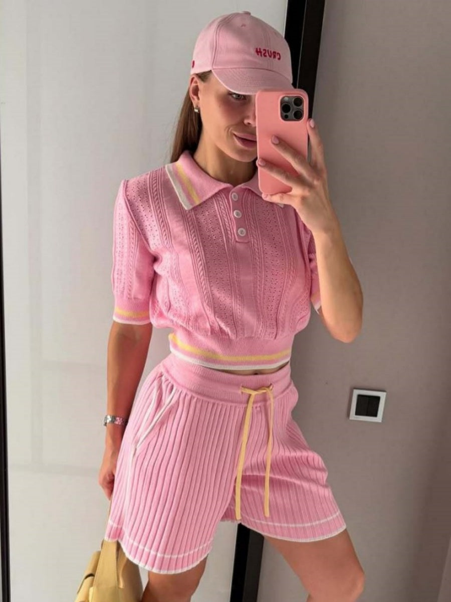 Academic Style Lapel Ice Silk Short Cardigan Color-blocked Drawstring Shorts Set 2-piece Sets