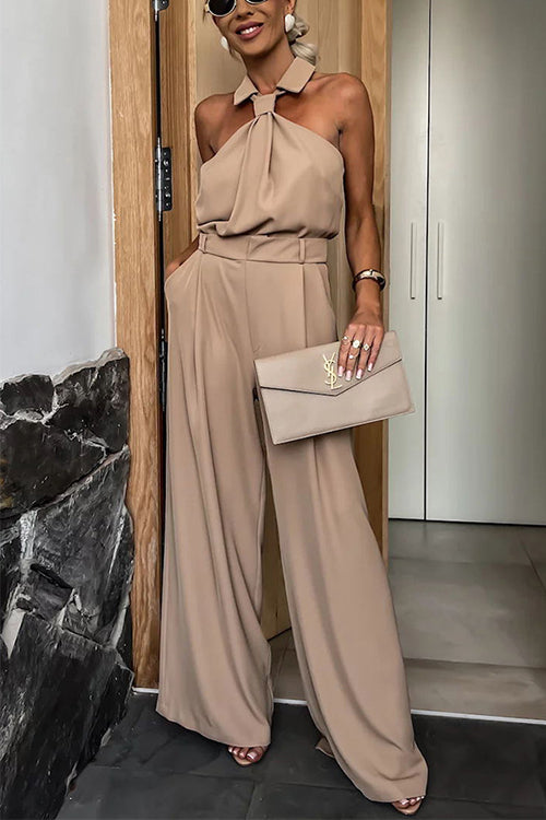 Collared Sleeveless Wide Leg Pocketed Jumpsuit
