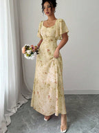 Floral Lotus Leaf Sleeves Sweetheart Collar Vacation And Leisure Maxi Dresses