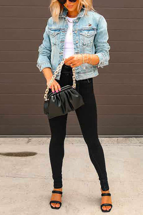 Distressed Button Up Ripped Short Denim Jacket