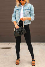Distressed Button Up Ripped Short Denim Jacket