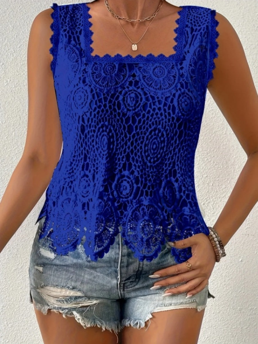 Square Neck Heavy-duty Crochet Openwork Flower Tank Top