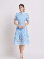 Lace Waist-cinching Hollow-out Midi Dress