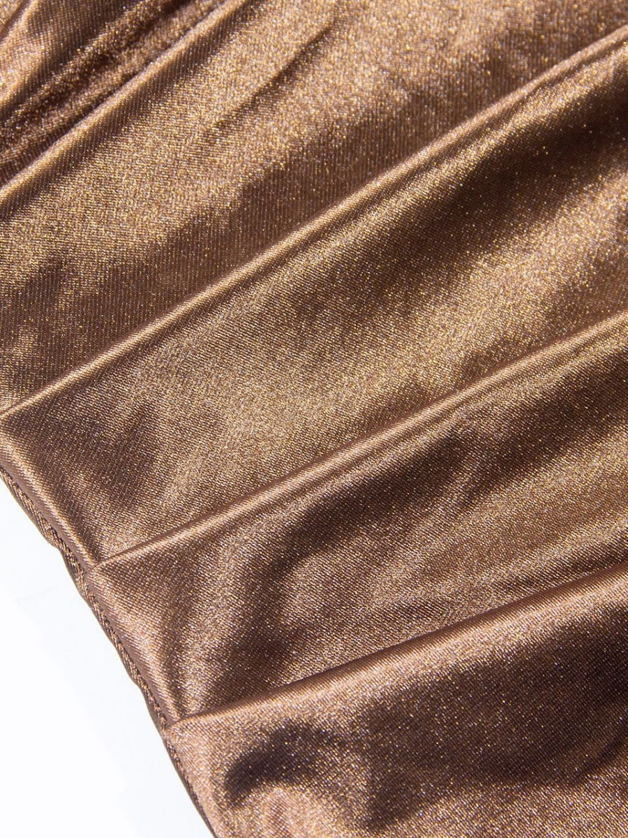 Dark Brown Satin Square Collar Pleated Maxi Dresses
