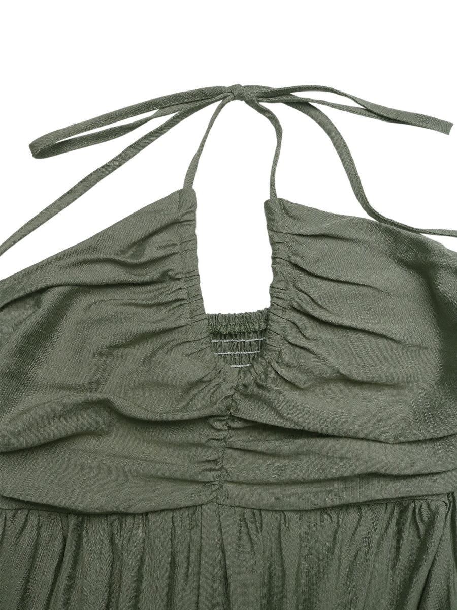 Halter V-neck Drawstring Loose-fit Vacation Maxi Dresses
