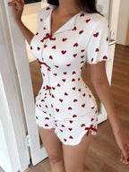 Heart-print Collared Short-sleeved Shirt And Shorts With Bow Tie - A Loungewear Set That Can Be Worn As Outerwear.