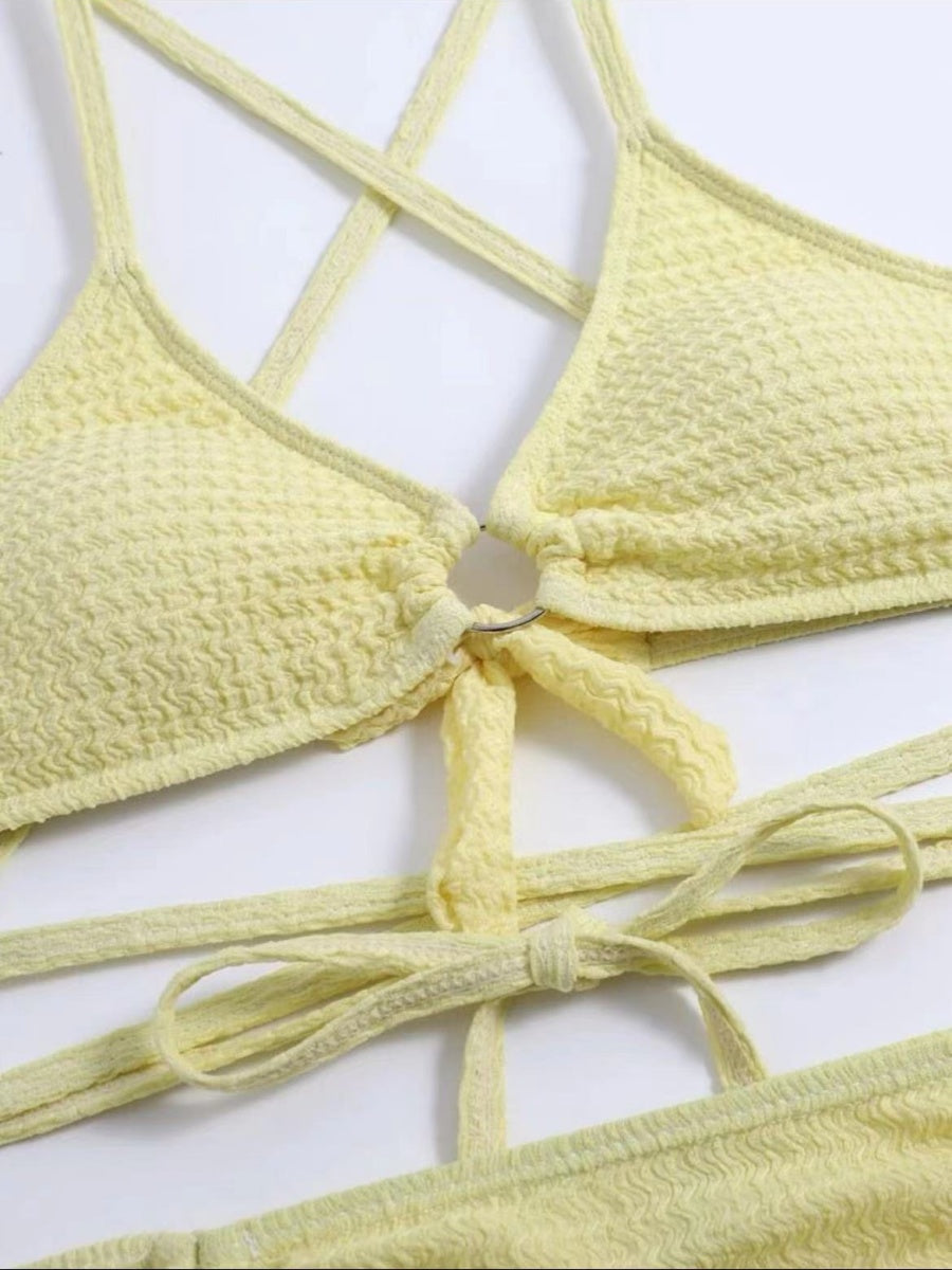 Textured Fabric Strappy Bikini Three-piece Set