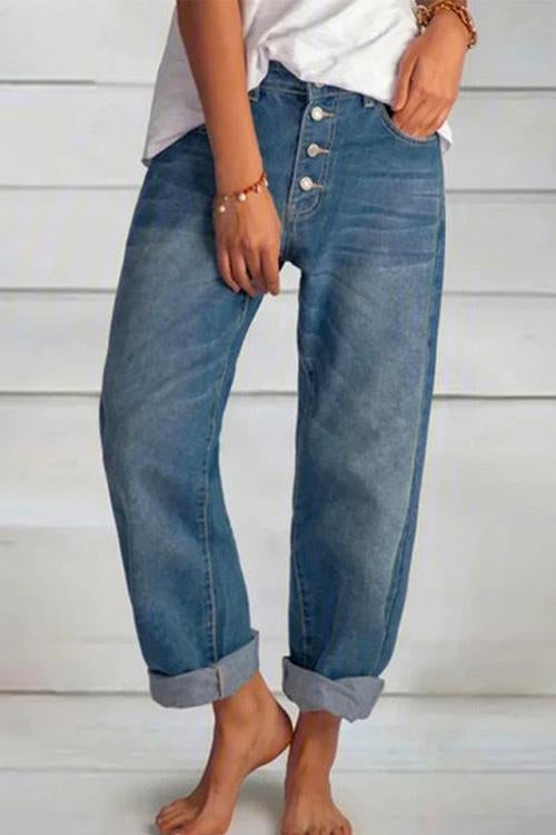 Boyfriend Style Button Down Straight Leg Jeans
