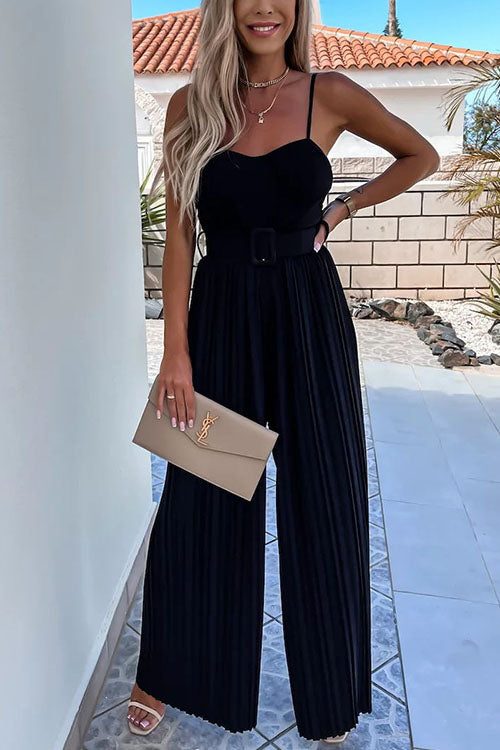 Spaghetti Strap Belted Pleated Wide Leg Jumpsuit
