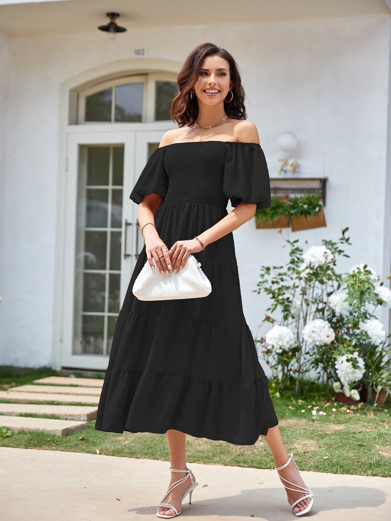 Square Neck, Backless, Puff Sleeve, Pleated Short-sleeved Long Dress