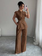 Lapel Sleeveless Kink Shirts Wide-leg Pants Business Suit 2-piece Sets