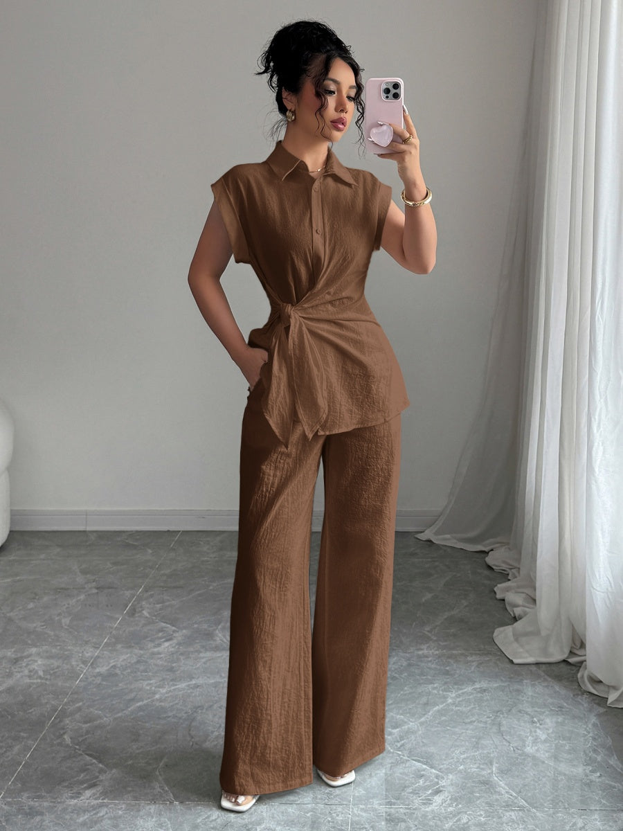 Lapel Sleeveless Kink Shirts Wide-leg Pants Business Suit 2-piece Sets