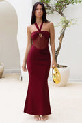 Halter Neck Knot Front Keyhole Cutout Mesh Panel Ruched Bodycon Maxi Dress
