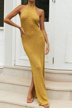 Crochet Halter Neck Side Slit Bodycon Maxi Dress