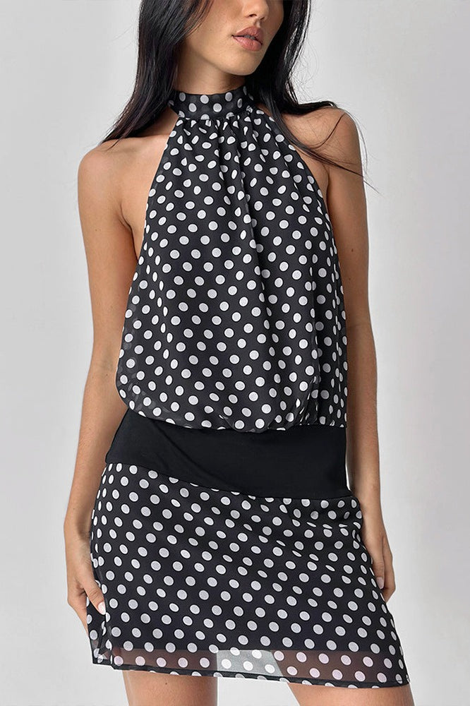 Polka Dot Halter Backless Top Bodycon Mini Skirt Two Piece Set