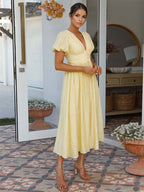 Butter Yellow Sundress Plunge Puff Sleeves Casual Summer Maxi Dress 2026