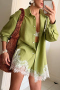 Linen Blend Shirt and Lace-trimmed Shorts Set