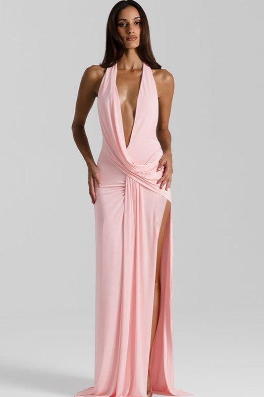 Deep V Halter Ruched Twist Waist Thigh Slit Jersey Maxi Wrap Dress
