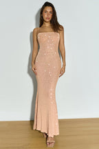 Beige Mesh Rhinestone Cami Maxi Dress