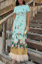 Mezcal Satin Floral Print Contrast Color Printed Short Sleeve Pocket Feather Trim Maxi Dress