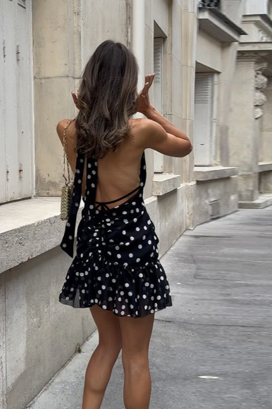 Polka Dot Halter Neck Plunging V-Neck Ruffle Hem Mini Dress