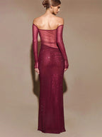Sheer Bodycon Long Dress with Asymmetrical Cut Off-Shoulder Long Sleeve Sexy Club Dress For Women 2026