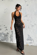 Halter Neck Cowl Floral Lace Backless Maxi Dress
