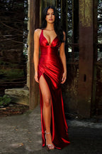 Satin V-Neck Ruched Slit Party Dress