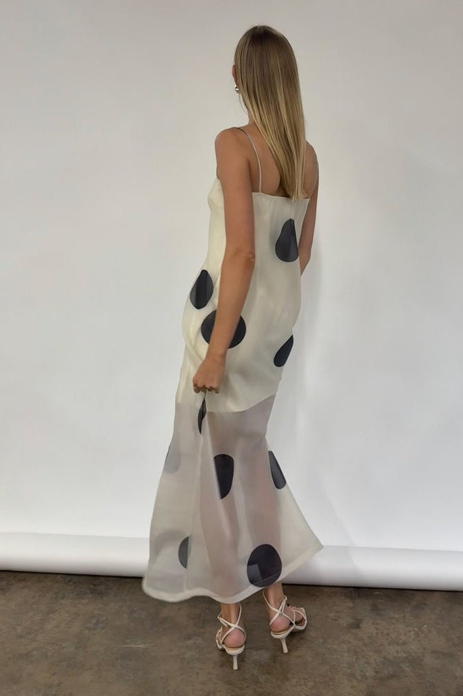 Polka Dot Strapless Sheer Overlay Bodycon Maxi Dress