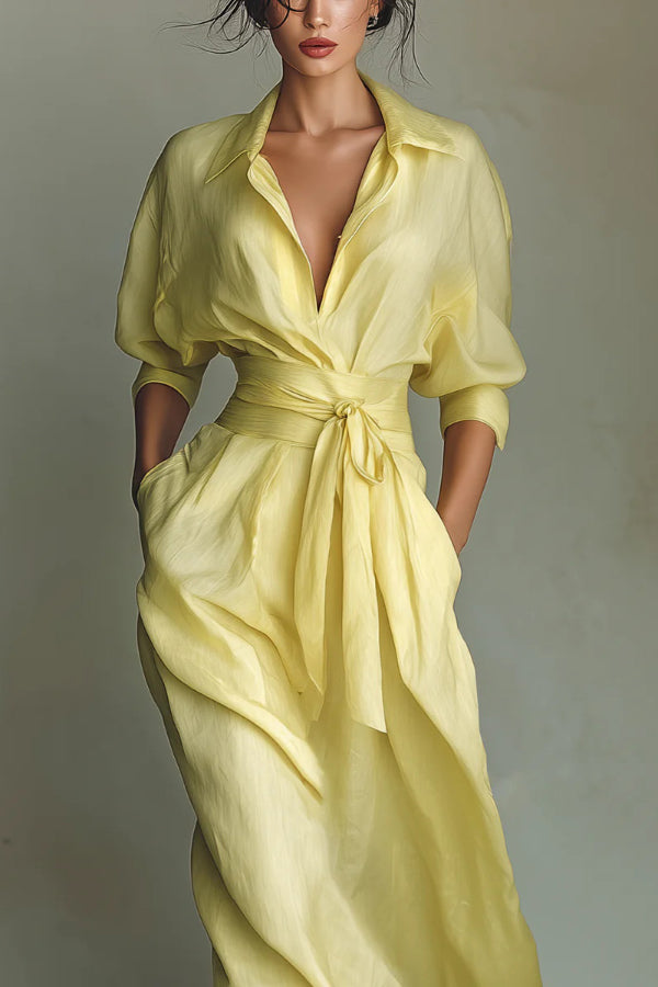 Solid Color Lapel Long Sleeve Casual Pocket Waist-cinching Maxi Dress