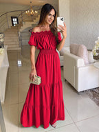 Off Shoulder Smocked Maxi Dress For Women - Boho Tiered A-Line Beach Gown with Puffy Sleeves - Summer Vacation 2026